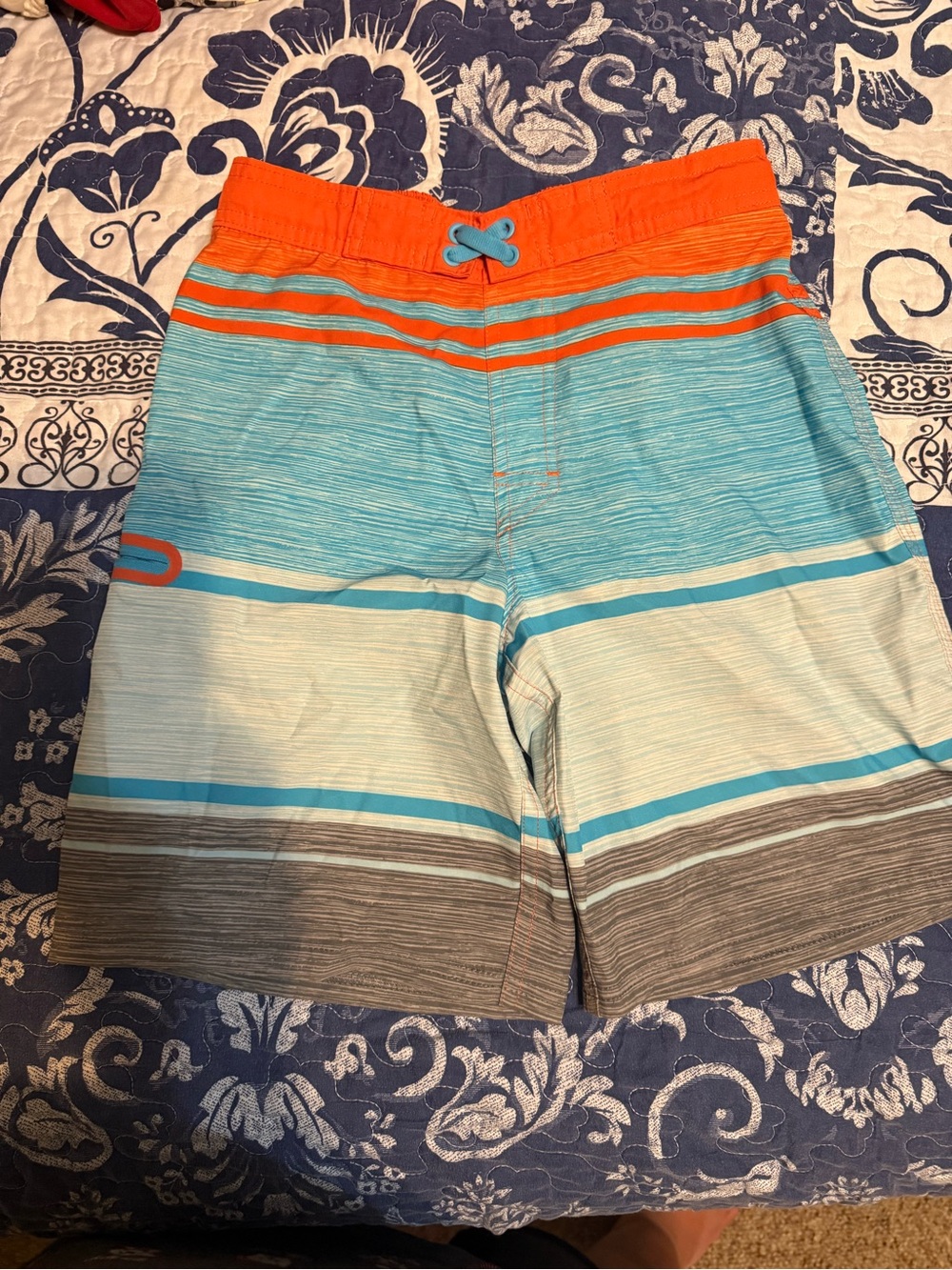 Boys Orange and Aqua Striped Swim Trunks
